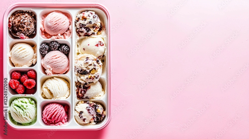 Colorful Ice Cream Variety in a Tray with Fresh Berries on Pink Background Colorful Ice Cream Variety in a Tray with Fresh Berries on Pink Background