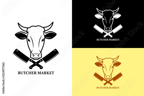 cow's head and cross butcher knife, vectors, butcher market logo, beef slaughterhouse, slaughter house, butcher shop, meat, meat shop, poultry, butcher service, illustration, abstract, logo