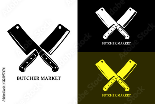 illustration of cross butcher knife, butcher shop, butcher service, slaughterhouse, meat shop, supermarket, butcher market logo, organic food, healthy, vectors, abstract, logo