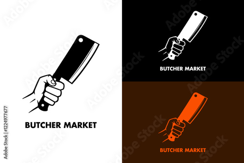 illustration of a hand holding cleaver mid swing, butcher, butcher market logo, butcher shop, meat shop, butcher service, slaughterhouse, supermarket, vectors, silhouette, logo, abstract