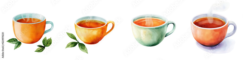 Colorful Ceramic Teacups with Fresh Green Leaves on Wooden Table Exuding Cozy and Relaxing Atmosphere Colorful Ceramic Teacups with Fresh Green Leaves on Wooden Table Exuding Cozy and Relaxing Atmosphere