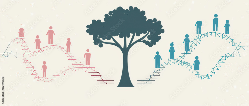 Obraz premium Heredity diagram illustrating family tree with DNA symbols, showcasing genetic connections and lineage. visual represents complexity of inheritance and relationships