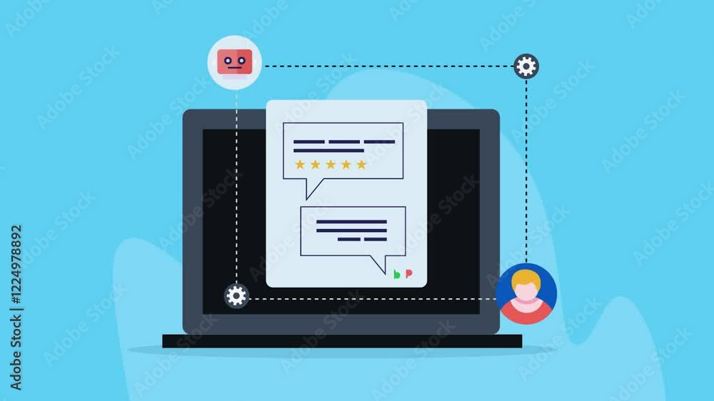 Chatbot having conversation with customer, message display on laptop screen, digital communication with AI technology, video animation. Chatbot having conversation with customer, message display on laptop screen, digital communication with AI technology, video animation.