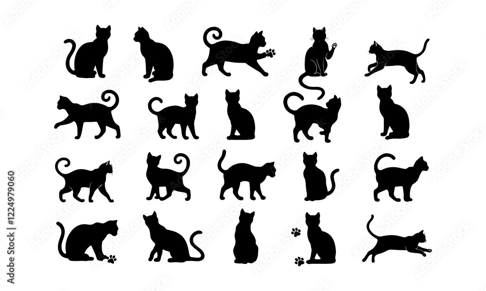 Fototapeta premium Black cat silhouettes in various poses, isolated on white background. Perfect for logos, decals, apparel design. Elegant, sleek feline figures showcasing minimalist modern art