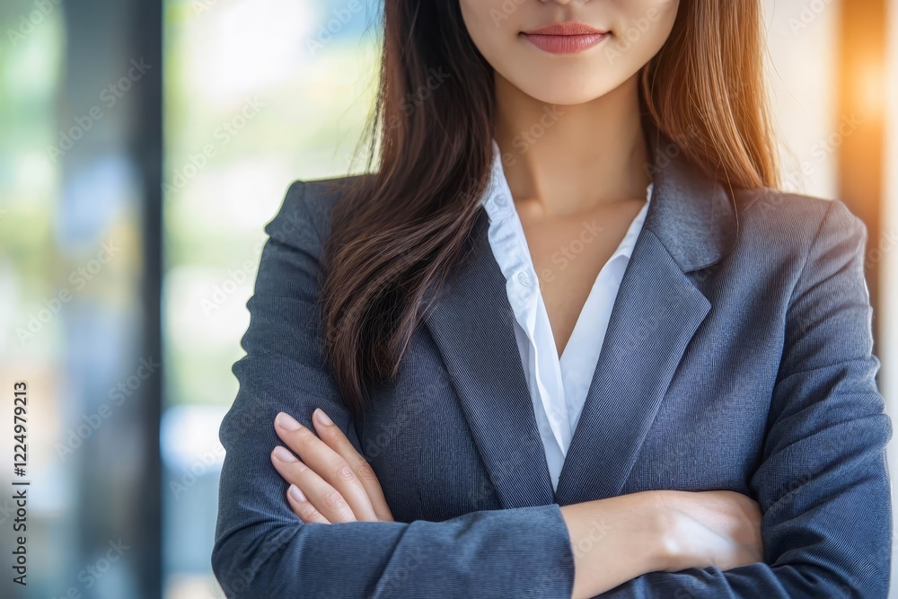 Naklejka premium Profile photo of attractive lady toothy smiling confident business woman arms crossed reliable person worker.