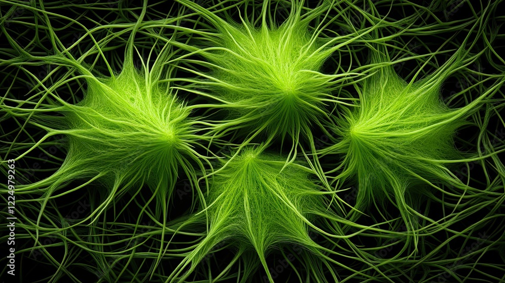Fototapeta premium Glowing, neon-green alien plant structures with intricate, hair-like tendrils stretching in all directions against a deep black background - AI Generated Digital Art.