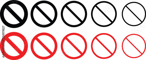 Set of stop sign icons. Stop sign vector icon set. Red and black circle sign stop entry ang slash line isolated
