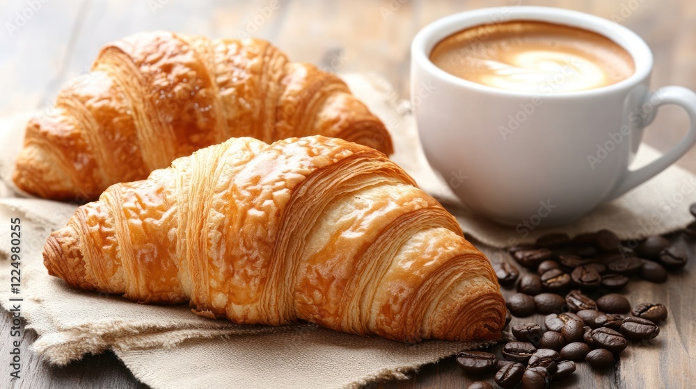 Two golden croissants and a cup of latte art coffee on a rustic wooden table. Two golden croissants and a cup of latte art coffee on a rustic wooden table.