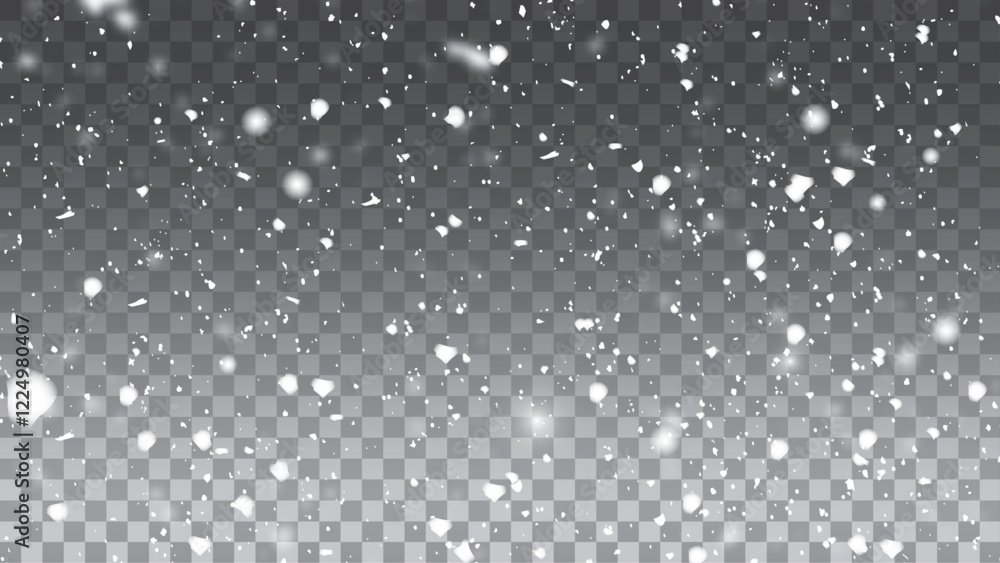Fototapeta premium Realistic falling snow with snowflakes and clouds. Vector heavy snowfall,
