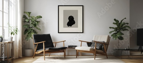 Elegant living room featuring a blank 16x20 frame mockup displayed above two modern armchairs