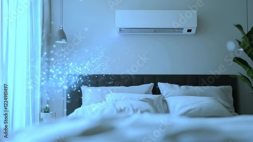 Cool Blue Breeze from White Air Conditioner in Cozy Bedroom for Ultimate Comfort