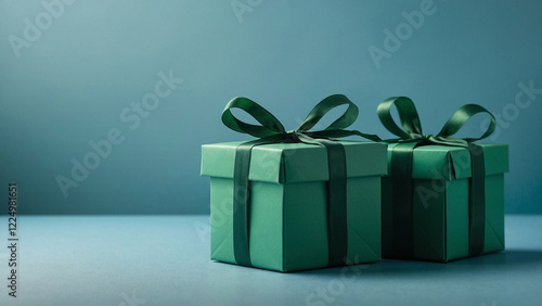 green gift boxes on blue copyspace background