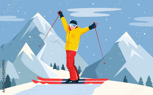 Skier in yellow jacket raising ski poles, standing on skis in snowy mountains. Winter sport, fun outdoors. Vector illustration