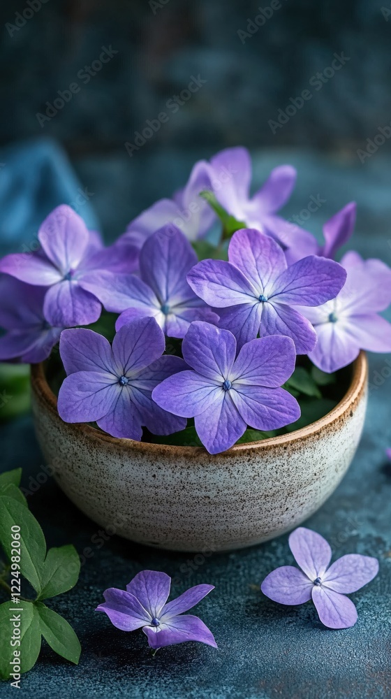 Purple flowers in ceramic bowl on dark blue surface with blurred cloth for floral design Purple flowers in ceramic bowl on dark blue surface with blurred cloth for floral design