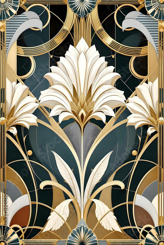 Luxurious Art Deco pattern with golden floral elements on a dark background