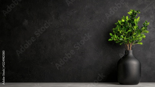 Green plant in black vase against dark wall; home decor, minimalist background