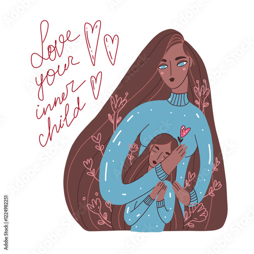 Vector illustration of a woman caring for her inner child, hugs symbolizing love and positive mental health. Includes flowers symbolizing therapy and love