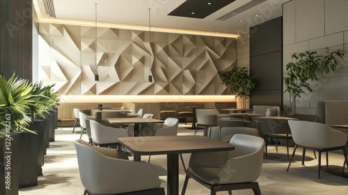 A stylish dining area with geometric wall decorations and a sleek table design.