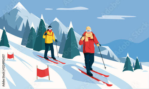 Two skiers in colorful outfits skiing on a snowy slope with mountains, trees, and flags in the background. Winter sport concept. Vector illustration