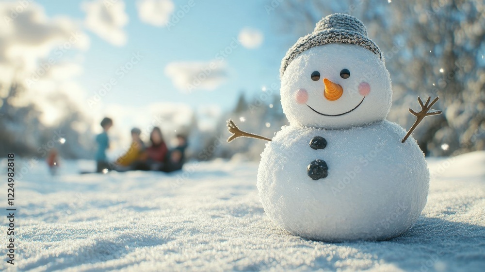 Obraz premium Cheerful snowman in winter outdoors.
