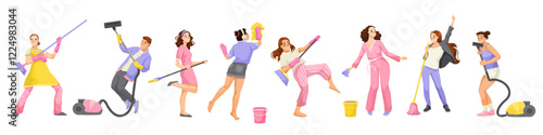 Group of diverse individuals performing cleaning activities in lively poses on white background. Concept of teamwork and joy in chores. Vector illustration