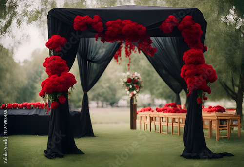 An outdoor funeral setting with a canopy draped in black fabric, accented by lush red flowers in the foreground, creating a poignant and beautiful atmosphere photo