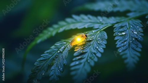A glowing firefly on a fern.