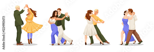 A set of couples dancing different styles, wearing colorful outfits, on white background. Concept of joy, dance, and movement. Vector illustration