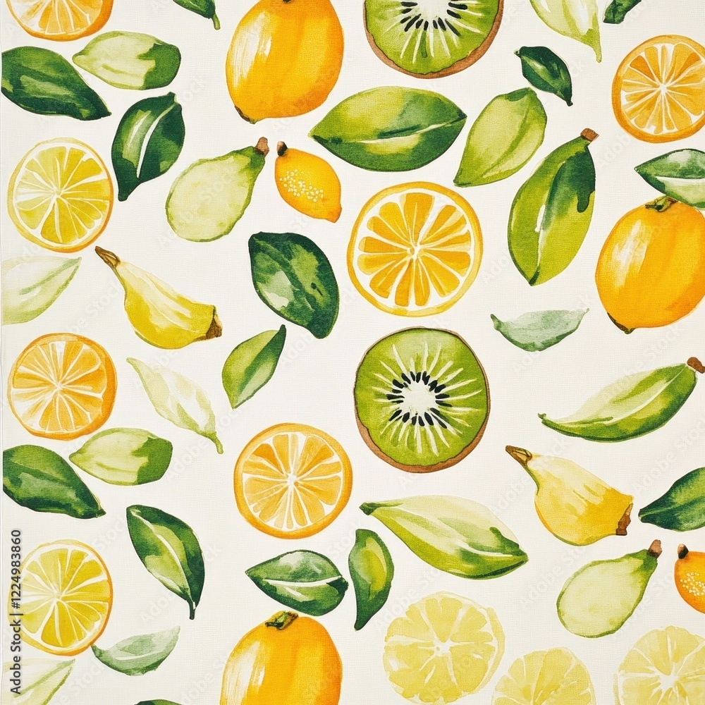 Watercolor citrus fruit pattern, vibrant kitchen background, healthy food design Watercolor citrus fruit pattern, vibrant kitchen background, healthy food design