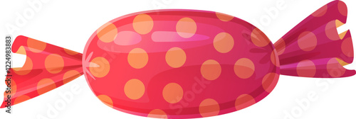 Red candy with polka dot wrapper, isolated on white background. Glossy sweet confectionery designed in cartoon style. Vector illustration perfect for festive, decorative, or food-related concepts.
