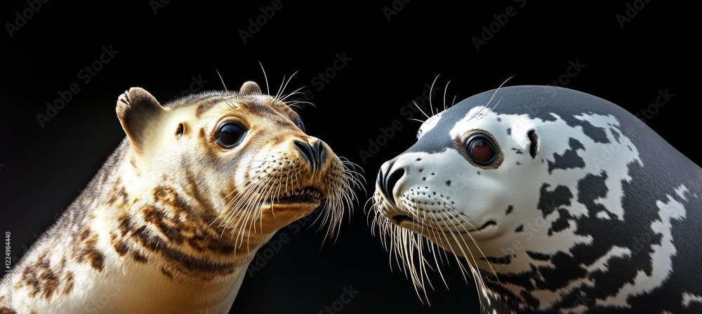 Obraz premium Two Seals on Black Background Close-Up of Aquatic Animals Showing Affection and Playfulness