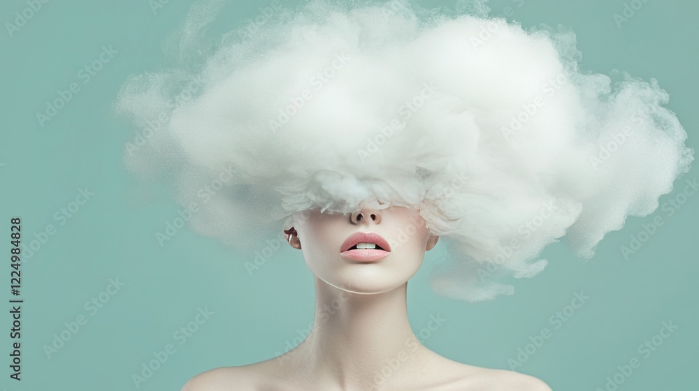 A woman's head with a cloud on it in front of a teal-green background A woman's head with a cloud on it in front of a teal-green background
