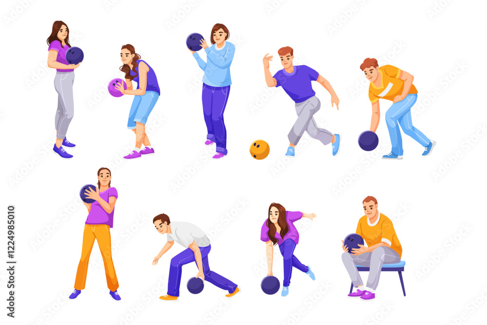 Group of people playing bowling, holding and rolling balls in dynamic poses, on white background. Concept of sports and recreation. Vector illustration Group of people playing bowling, holding and rolling balls in dynamic poses, on white background. Concept of sports and recreation. Vector illustration