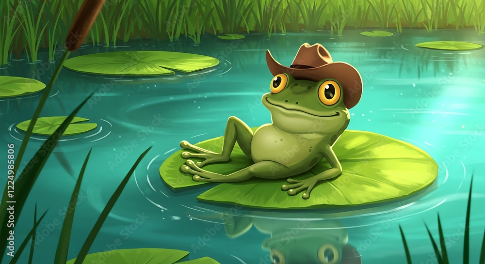 Fototapeta premium A cartoon frog wearing a cowboy hat sits on a lily pad in a pond. 