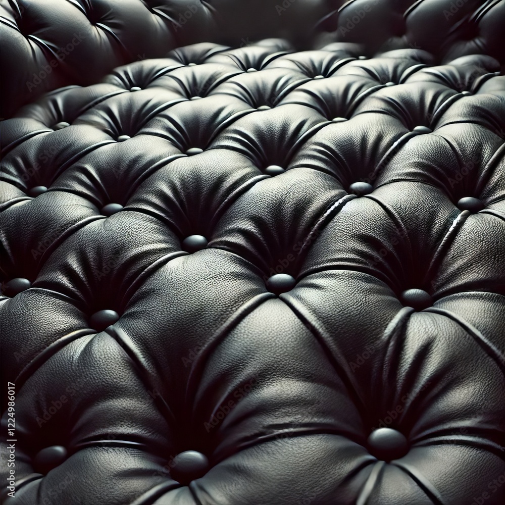 Naklejka premium The image shows a close-up view of dark gray or black tufted upholstery.&nbsp; 