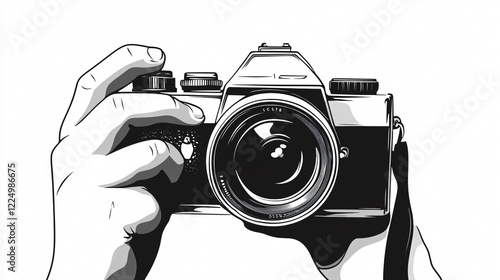 Monochrome hand holding camera illustration for photography concepts and designs