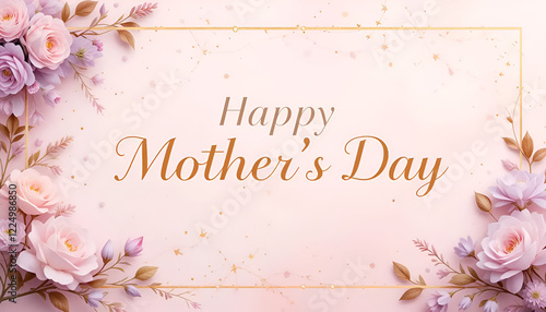 Mother's Day greeting card featuring a delicate floral arrangement with soft pink roses. Perfect for holiday celebrations, festive greetings, and heartfelt messages