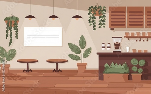 Flat design illustration of a cozy coffee shop interior with wooden furniture, potted plants, and warm lighting