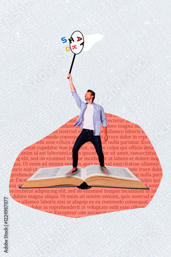 Vertical photo collage of serious man hold magnifier glass open book education knowledge library search isolated on painted background photo