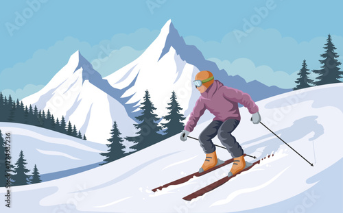 A skier in bright attire skiing downhill on a snowy slope, surrounded by mountains and pine trees. Winter sports concept. Vector illustration
