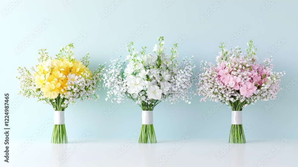 Fototapeta premium Three pastel flower bouquets in yellow, white, and pink stand in a row against a light blue background.