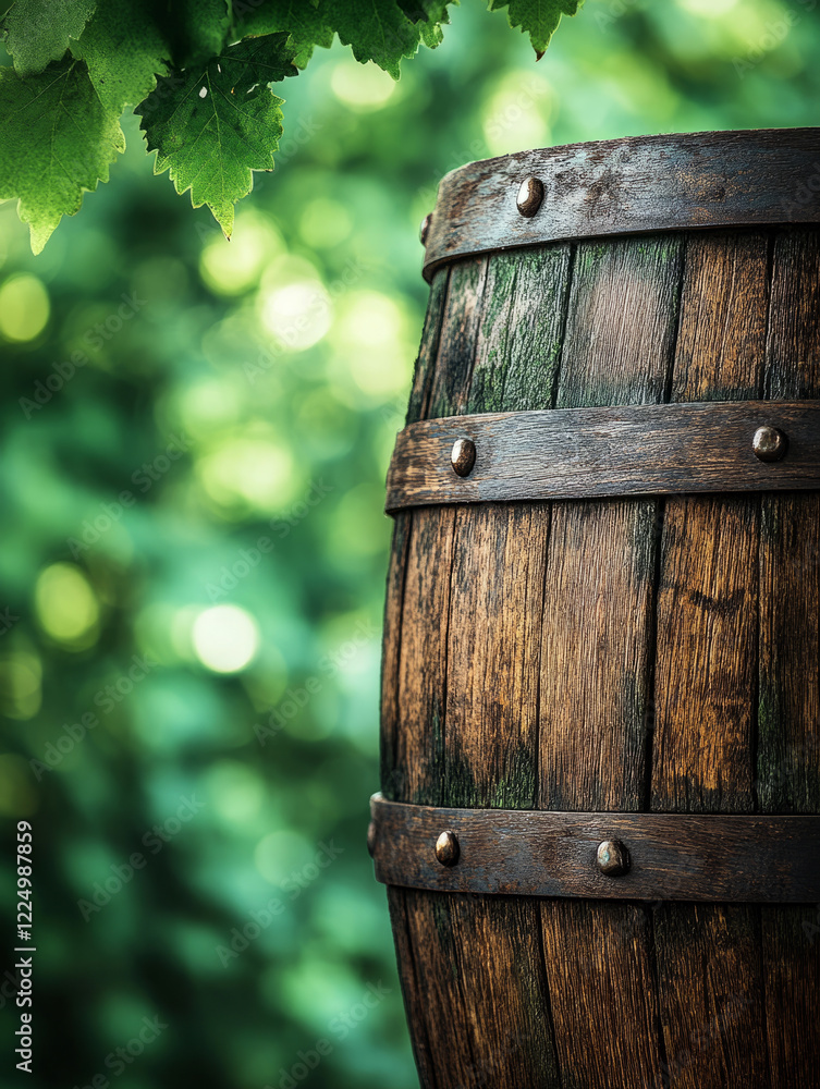 Wooden barrel against blurred green nature background. Wooden barrel against blurred green nature background.