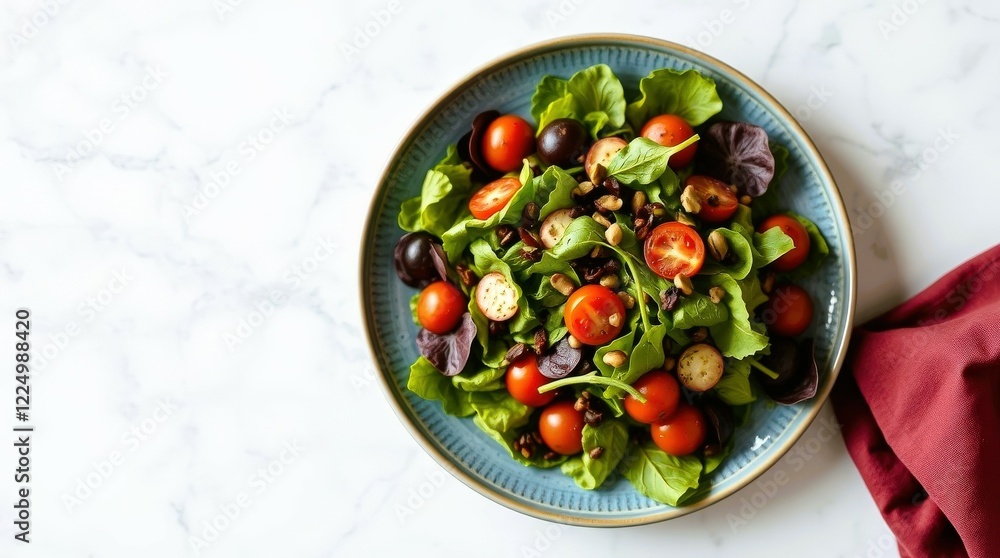 Fresh and Colorful Vegetable Salad with Lettuce, Cherry Tomatoes, and Onions on a White Plate in a Bright Kitchen Setting Fresh and Colorful Vegetable Salad with Lettuce, Cherry Tomatoes, and Onions on a White Plate in a Bright Kitchen Setting