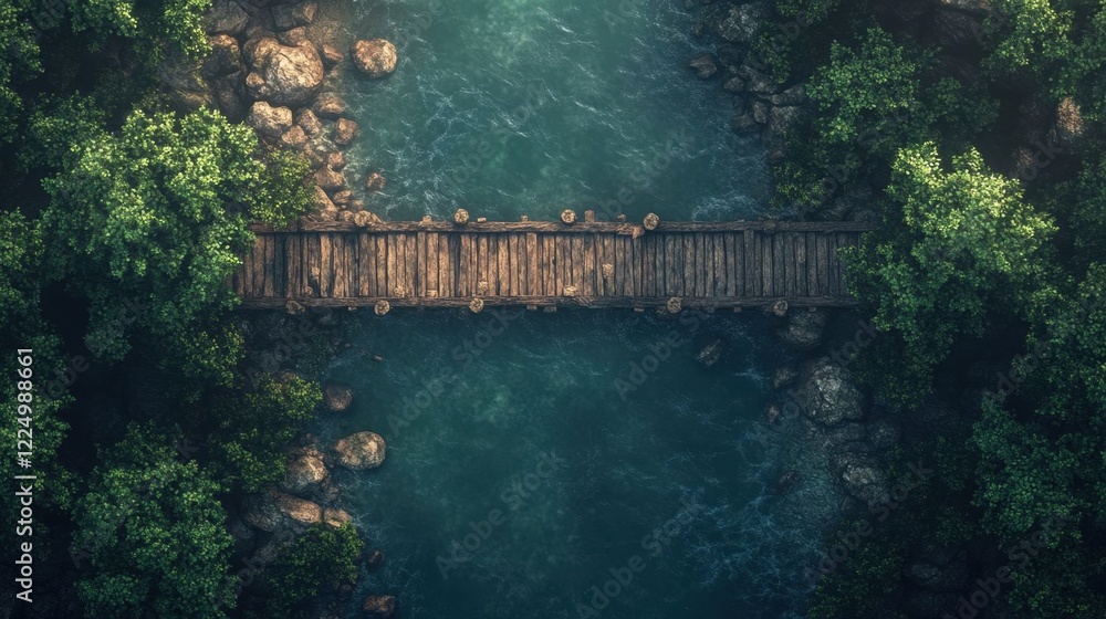 Fototapeta premium A wooden bridge over a serene river.