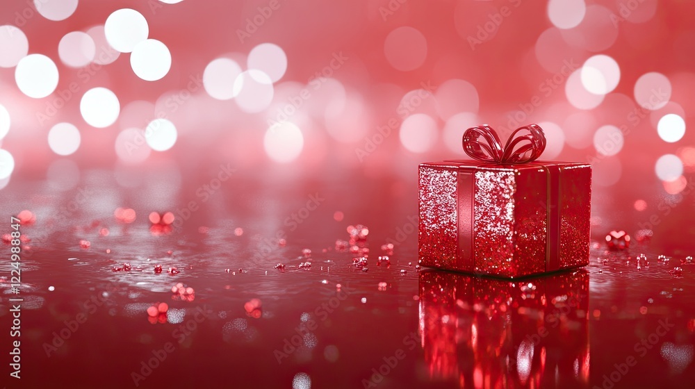 Fototapeta premium A single Valentine's gift box placed on a reflective red surface with soft bokeh lights in the background.