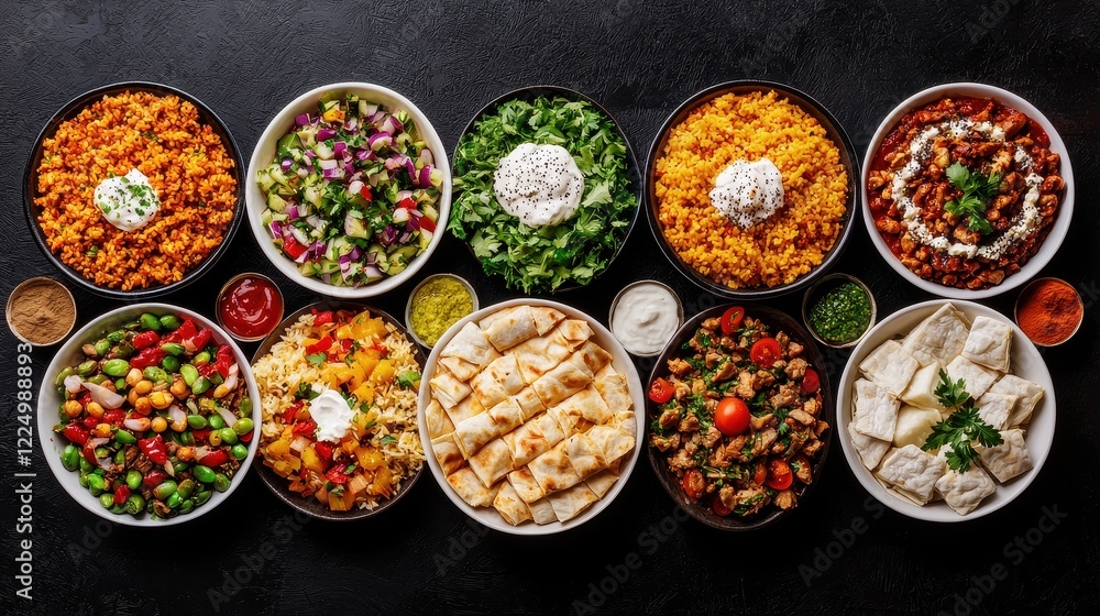 Vibrant Display of Diverse Middle Eastern Dishes Served in Elegant Bowls Vibrant Display of Diverse Middle Eastern Dishes Served in Elegant Bowls