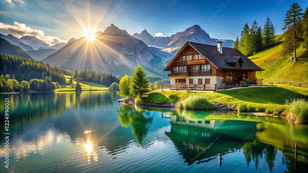 Fototapeta premium Swiss Lakeside Chalet, Alpine Mountain Views, Rural Idyll
