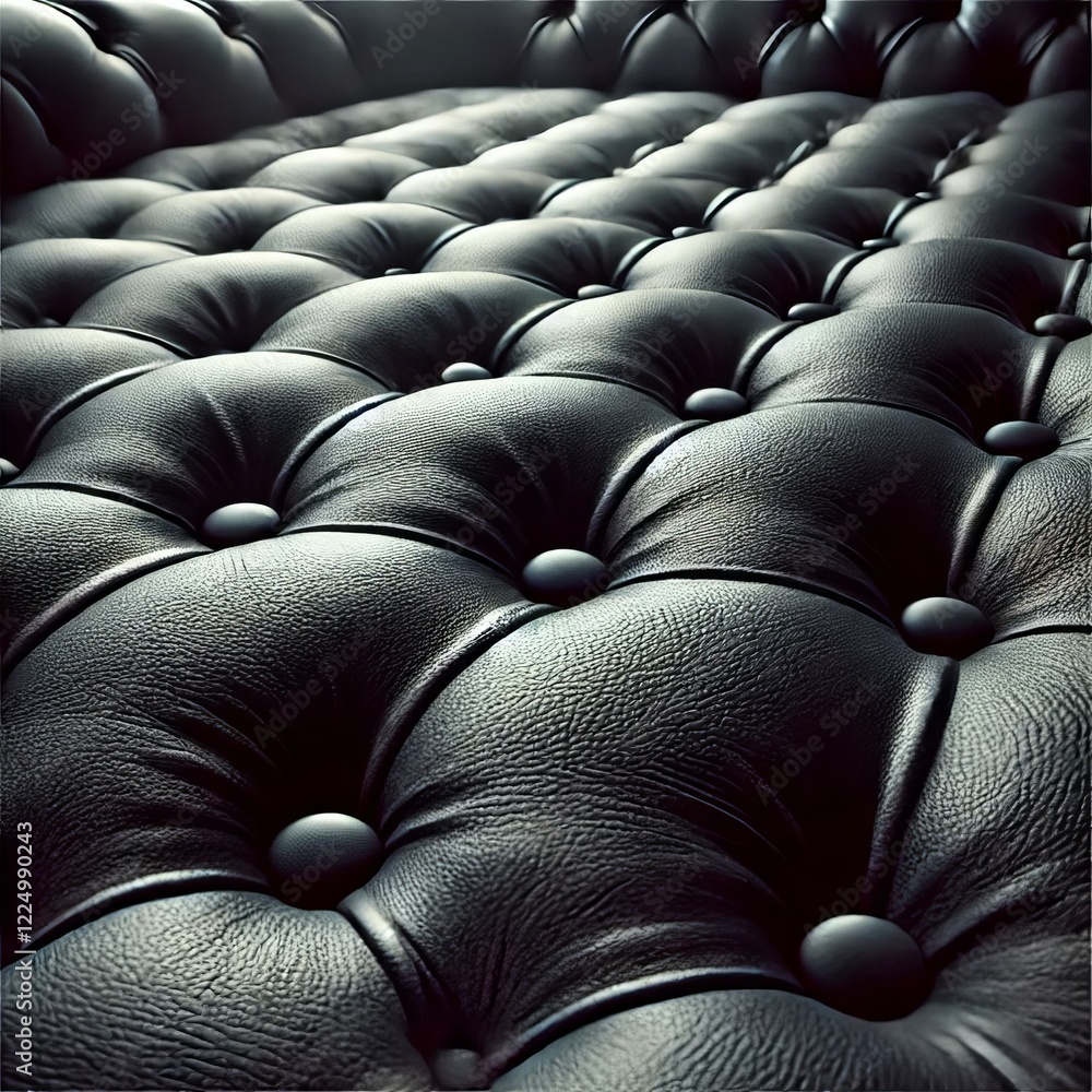 Fototapeta premium The image shows a close-up view of dark gray or black tufted upholstery.&nbsp; 