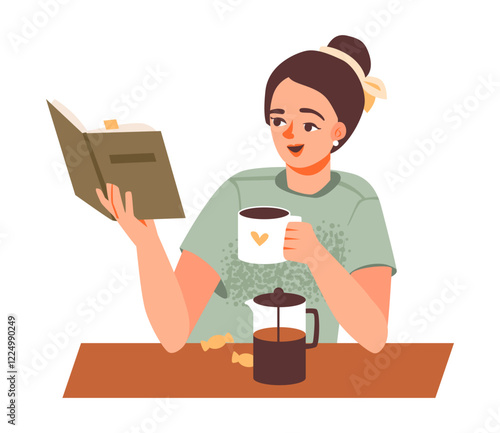 Woman enjoying a book with coffee. Cozy reading and relaxation, educational or literary concept. Flat vector illustration.