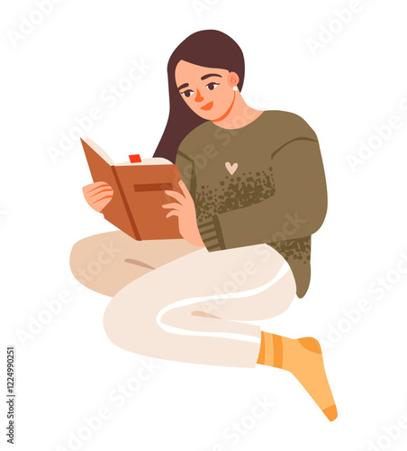 A young girl immersed in her book as a pastime. Flat vector illustration of a woman enjoying a good book.